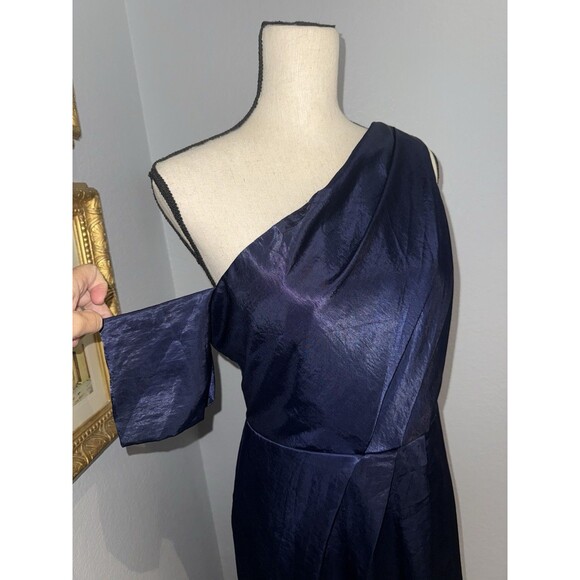 Navy Draped Dress One-Shoulder Satin Sz 10 Slit Evening Cocktail Blue Long ASOS - Picture 4 of 16